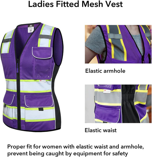 Women's Mesh Reflective Vest with Pockets - High Visibility ANSI Class 2, Made with 3M Reflective Tape, Purple XL