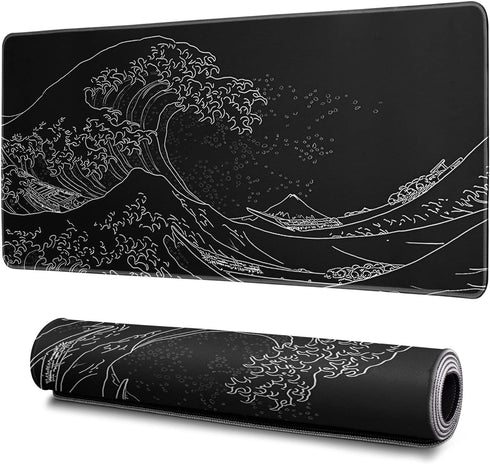Japanese Gaming Mouse Pad, Abstract Black Sea Wave Texture, 31.5x11.8 Inch Non-Slip Rubber Base
