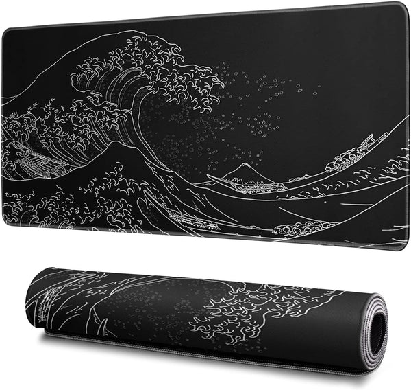 Japanese Gaming Mouse Pad, Abstract Black Sea Wave Texture, 31.5x11.8 Inch Non-Slip Rubber Base