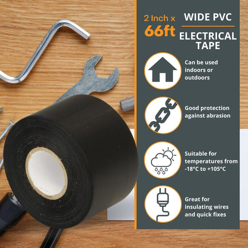 GTSE 3-Pack Wide Black Electrical Tape, Waterproof, Industrial Grade Vinyl, 2 in x 66ft