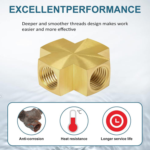 Midanya 1/4 x 1/4 x 1/4 x 1/4 Inch NPT Female Thread Adapter, Cross Pipe Fitting Barstock Cross 4 Way Connector Brass