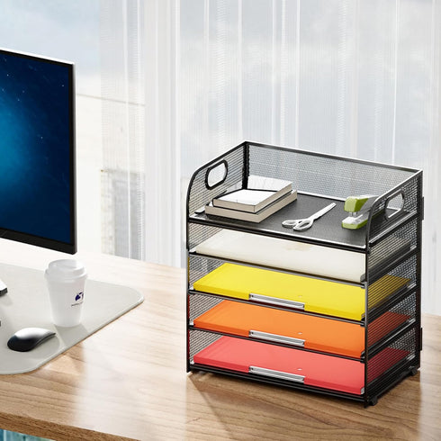 Mesh 5 Tray Desk File Organizer with Handle, Desktop Storage for Letter/A4 Office File Folder