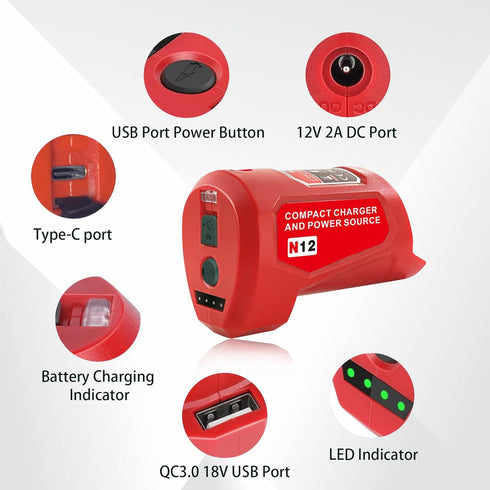for Milwaukee 12V M12 Battery Power Source Adapter, Power Wheel Charger Adapter with 12V DC Port for Heated Jacket, USB Port/Type C Port for Charging