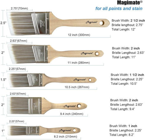 Paint Brushes Set, Sash Brushes, Soft Tapered Filament, Wood Stain Brushes, Pack of 5