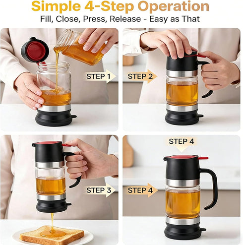 Generic 12oz (2 Honey Dispenser No Drip With Base, Pressure Design, Glass Honey Dispenser, with Handle and Stand