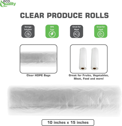 10x15 500 (2 EcoQuality Plastic Produce Bags on a Roll - Clear Bags for Vegetables, Food, Fruits, Bread, Pet Waste