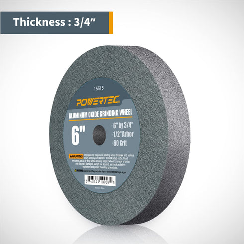 POWERTEC 15515V Bench and Pedestal Grinding Wheels, 6 Inch x 3/4 Inch, 1/2 Arbor, 60 Grit, Aluminum Oxide Bench Grinder Wheel for Bench Grinder, 1 Pack
