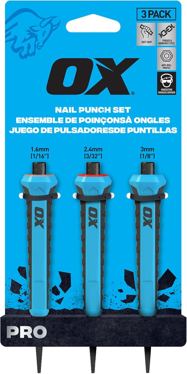OX Pro Nail Punch Set with Cushion Grip 3-Pack Color Coded Nail Setter - 1.6 mm, 2.4 mm, 3 mm