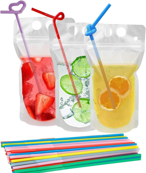 100 Pcs Drink Pouches with Straws, Freezable Drink Bags Juice Pouches for