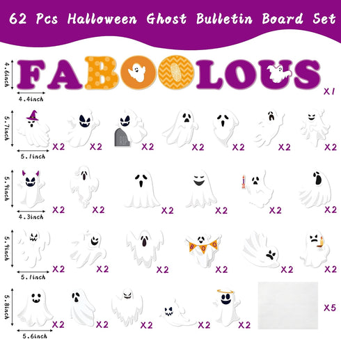 Haooryx 62Pcs Halloween Ghost Bulletin Board Decoration Set - Ghost Patterned Paper Cut-Outs for Halloween Party Decor