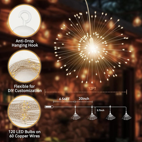 SeaShine 480LED 8 4 Pack Fireworks Lights Outdoor, Rechargeable Hanging Fairy Starburst Lights, Waterproof Smart