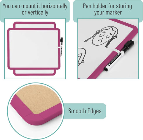 Mr. Pen Dry Erase Board, 14” x 11” Small White Board with Black Marker, Magenta Frame for Kids and Students
