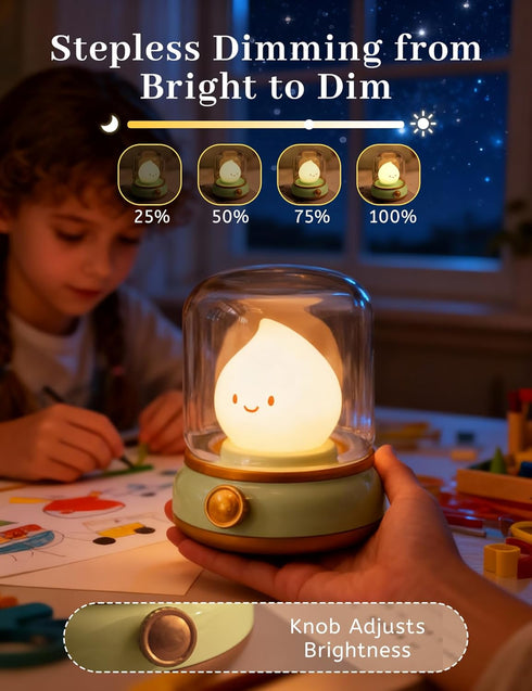 Dimmable Cozy Cute Smiley Night Light with White Noise, Vintage Flickering Flame Lamp, USB Rechargeable Sleep Timer