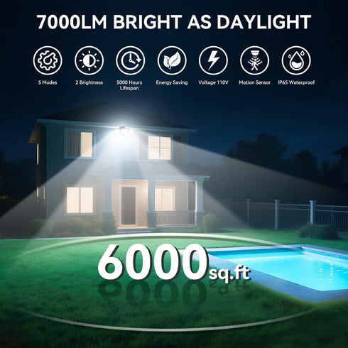 6500K IP65 3-Head LED Security Lights Motion Sensor Outdoor Lights, Daylight, Waterproof, Dusk to Dawn, Motion Detected