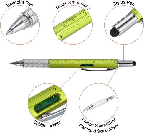 MECCANIXITY 4pcs 6 in 1 Multitool Tech Tool Pen Gifts for Men, Green with Ballpoint Pen, Ruler, Screwdriver, Stylus