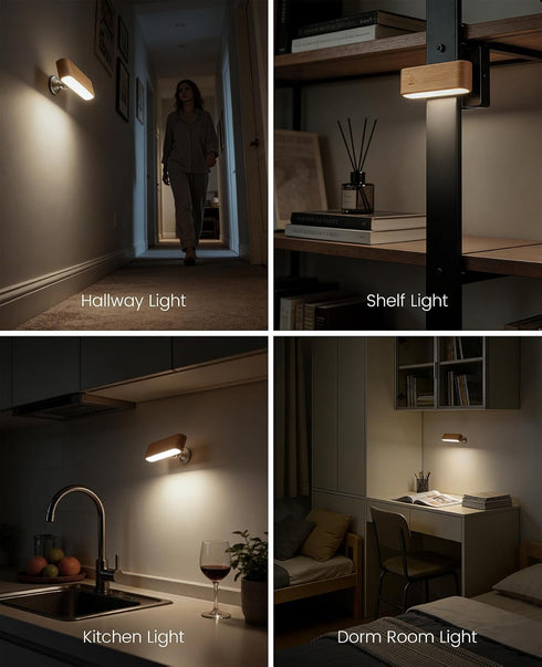 360 Wood LED Wall Sconce, Magnetic Rotatable Wall Mounted Night Light & Reading Light, Small Rechargeable Battery