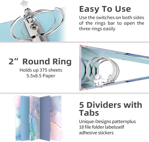 Mini Binder with Clipboard, 3 Ring 2 Inch for 5.5" x 8.5" Paper, A5 Binders with 5-Tab Dividers, Green Marble