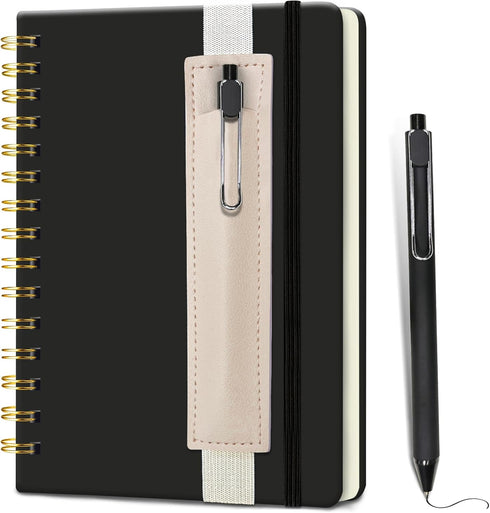 Lined Spiral Journal (Black), 5.7"x 8.27", 160 Pages, A5 Notebook with Pen Holder & Pen for Writing