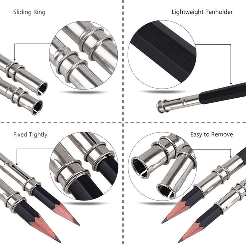 GTHER 5PCS Double Head Pencil Extender, Adjustable Lengthener with Aluminum Handle for Colored Pencils, Black