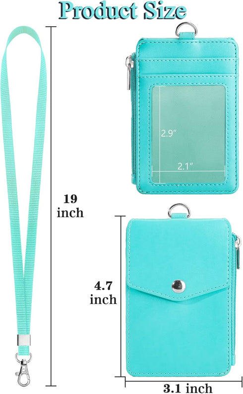 Teskyer Badge Holder with Side Zip Pocket, Leather ID Holder Wallet with Neck Lanyard for Office Staffs