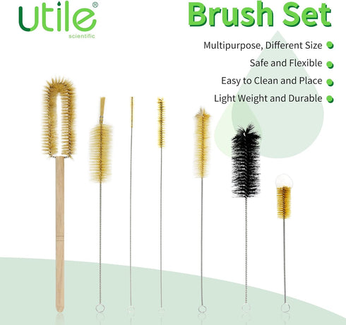 Utile 7 Pcs Lab Cleaning Brush Set, 7 Sizes for Different use, one Beaker Brush, one Buret Brush, one Cylinder Brush, Four Tube Brushes, 5500.9901.1.