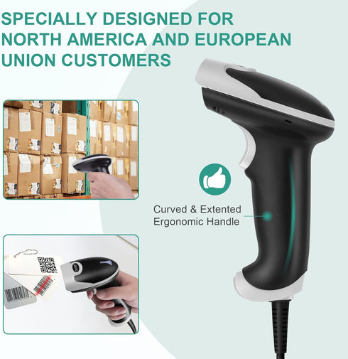JRHC 1D 2D PDF417 Barcode Scanner, Handheld USB Barcode Scanner Wired Connection Barcode Reader QR Data Matrix