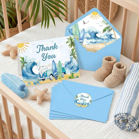 Yuzioey 50 Pack 4x6 Summer Surfing Thank You Cards, Wave Beach Thank You Notes with Matching Envelopes & Stickers