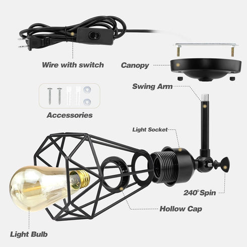 Porch-2 Pack WimiSom Plug in Wall Sconce, Wire Cage, Industrial Wall Lamp with Plug in Cord, Rustic Sconce Fixture