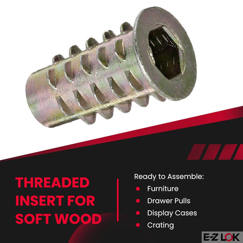 E-Z LOK M6-1.0 Threaded Insert for Soft Wood, Zinc Hex-Flanged, 20 mm Length, Pack of 50