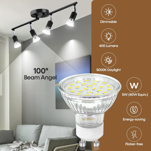 GU10 Dimmable Track Lighting LED Bulbs 40W Equivalent, 5W 5000K Bright Daylight White, LED Bulb Replacement for Recessed, 400LM, 6 Packs by CRIRY