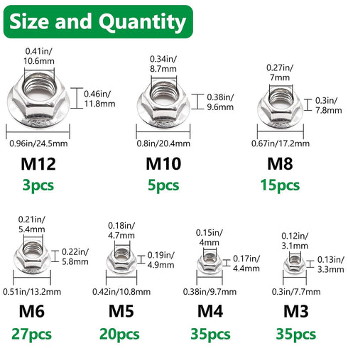 Aienxn 140PCS 7 304 -M3, M4, M5, M6, M8, M10, M12 Metric Sizes Stainless Steel Hex Flange Nuts Assortment Kit