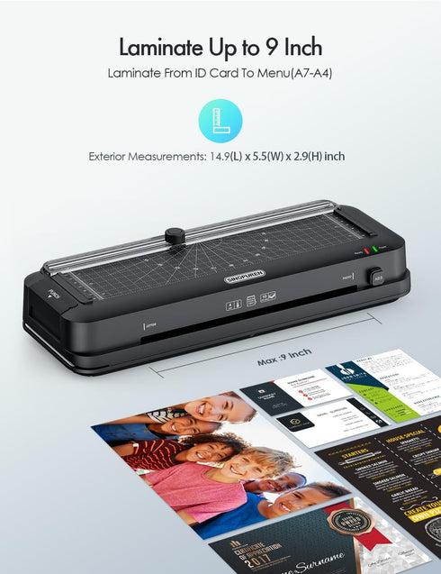 Laminator Machine, 9-Inch Thermal Laminator with Built-in Paper Trimmer, Punch, Corner Rounder, 10 Pouches Sheets for