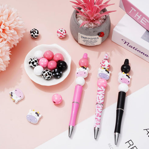 Whaline 12 Sets Cow Print Beadable Pens, DIY Pens with Milk Cow Shaped Beads for Students Office Gifts