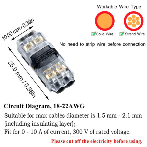15 Pieces Low Voltage I Tap Wire Connectors 2 Pin 2 Way Universal Compact I Shape Terminals Without Wire Stripping Requirement Quick Toolless Solderless Wire Splice Connector Kit for 18-22 AWG