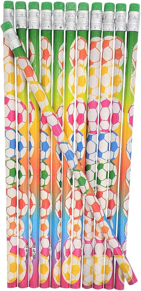 Fun Soccer Ball Print Colorful Pencils with Eraser Top, #2 Lead, 24 Unsharpened Wooden Pencils