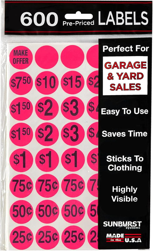 Sunburst Systems 7030 Pre-Priced Garage Sale Stickers (Labels), 600 Count, Pink
