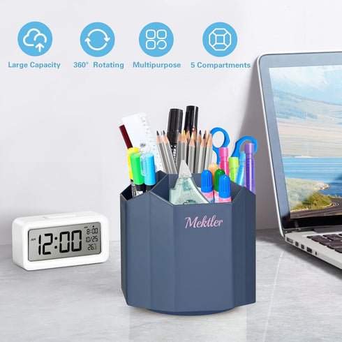 Desk Organizer, 360° Rotating 5 Compartment Marker Pen Holder, Makeup Brush Holder for Office, Classroom, Home (Grey)