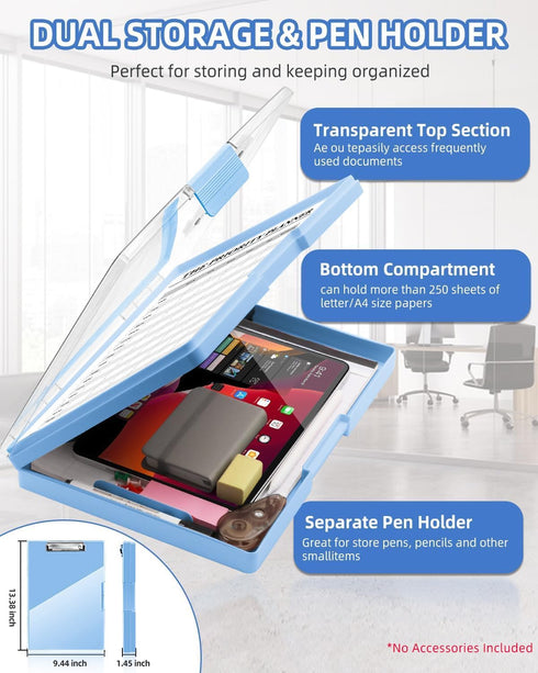 Clearview Clipboard with 2 Storage, Dry Erase 8.5x11 Heavy Duty Clipboards, Aqua Blue