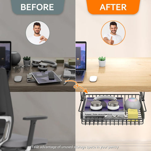 Under Desk Drawer with Slide Out Design, No Drill Metal Cable Management Shelf Tray Basket for Office, Home, Workspace