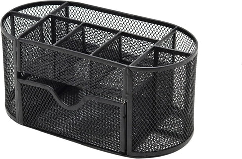 Black Mesh Desk Organizer, 9 Compartments with Drawer, Multifunctional Office Supplies Caddy for Desk Organization