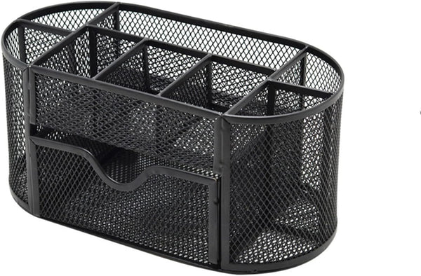 Black Mesh Desk Organizer, 9 Compartments with Drawer, Multifunctional Office Supplies Caddy for Desk Organization