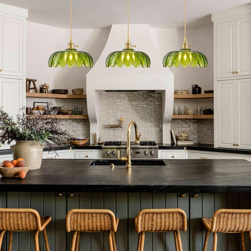 Glass Pendant Lights Kitchen Island, Vintage Brass Pendant Light Fixtures, Adjustable Green Kitchen Pendant Lighting