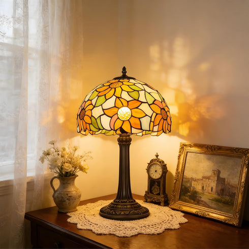 Style Table Lamp with Stained Glass Sunflowers Small Antique Desk Lamp 6