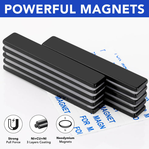 MIKEDE Neodymium Magnets, 5 Pack Black Super Strong Waterproof Heavy Duty Magnets with Adhesive Backing - 60x10x3 mm