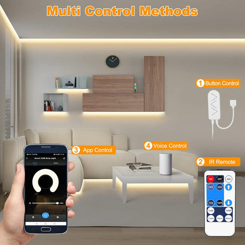 16.4ft 4000K Dimmable Tatazone Smart White COB Led Strip Light with App and Remote, WiFi Bright COB Light Strip