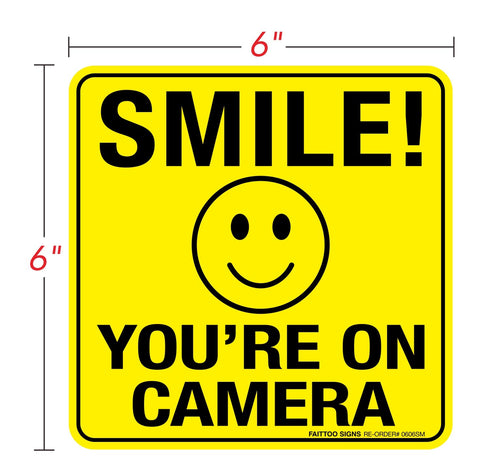 Smile You're On Camera Sign Stickers, 6 Pack - 6 x 6 Inches - Laminated for Ultimate UV, Weather, Scratch Resistance