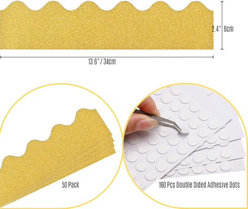 Bulletin Board Borders,50 Pieces Gold Bulletin Board Decorations for for Bulletin Board/Black Board Trim,Teacher/Student Use for Classroom/School Decoration,55.8 Feet.with Dot Clear Stickers by JYfeel