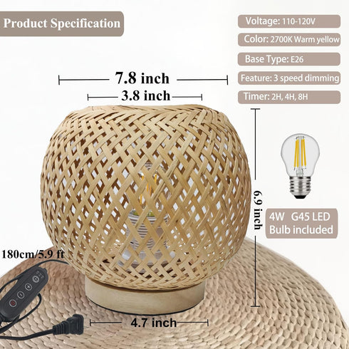 2700K G45 Bulb Small Rattan Lamp, Boho Table Lamp, Vintage Wicker Nightstand Lamps with Wood Base, Bohemia Woven Lamps