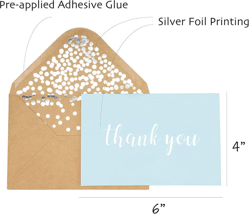 50 Pack 52 4" 6" Thank You Cards - Blank Baby Blue Matte Finish Cards with Silver Foiled "Thank You" Printed