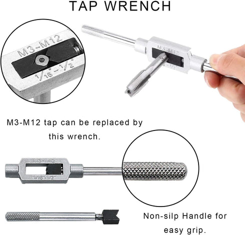 JONMON 8Pcs Metric Tap Set, M3-M12 Hand Screw Thread Plug Taps with Adjustable Reamer Wrench for Woodworking
